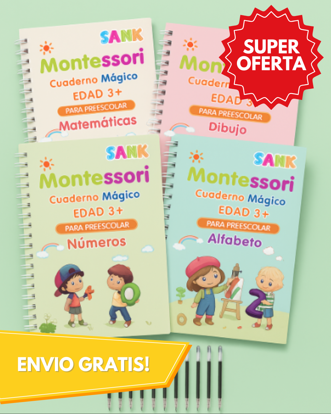 SUPER OFERTA! | Montessori - Set de 4 Libros de Caligrafía Reutilizables con Tinta Mágica para Niños